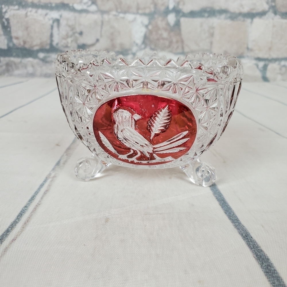 Vintage German Hofbauer Byrdes Bird Ruby Flashed Crystal Footed Candy Dish